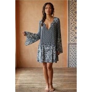 Free People Navy Floral Geometric Bell Sleeve V-Neck Mini Dress Small OB408465